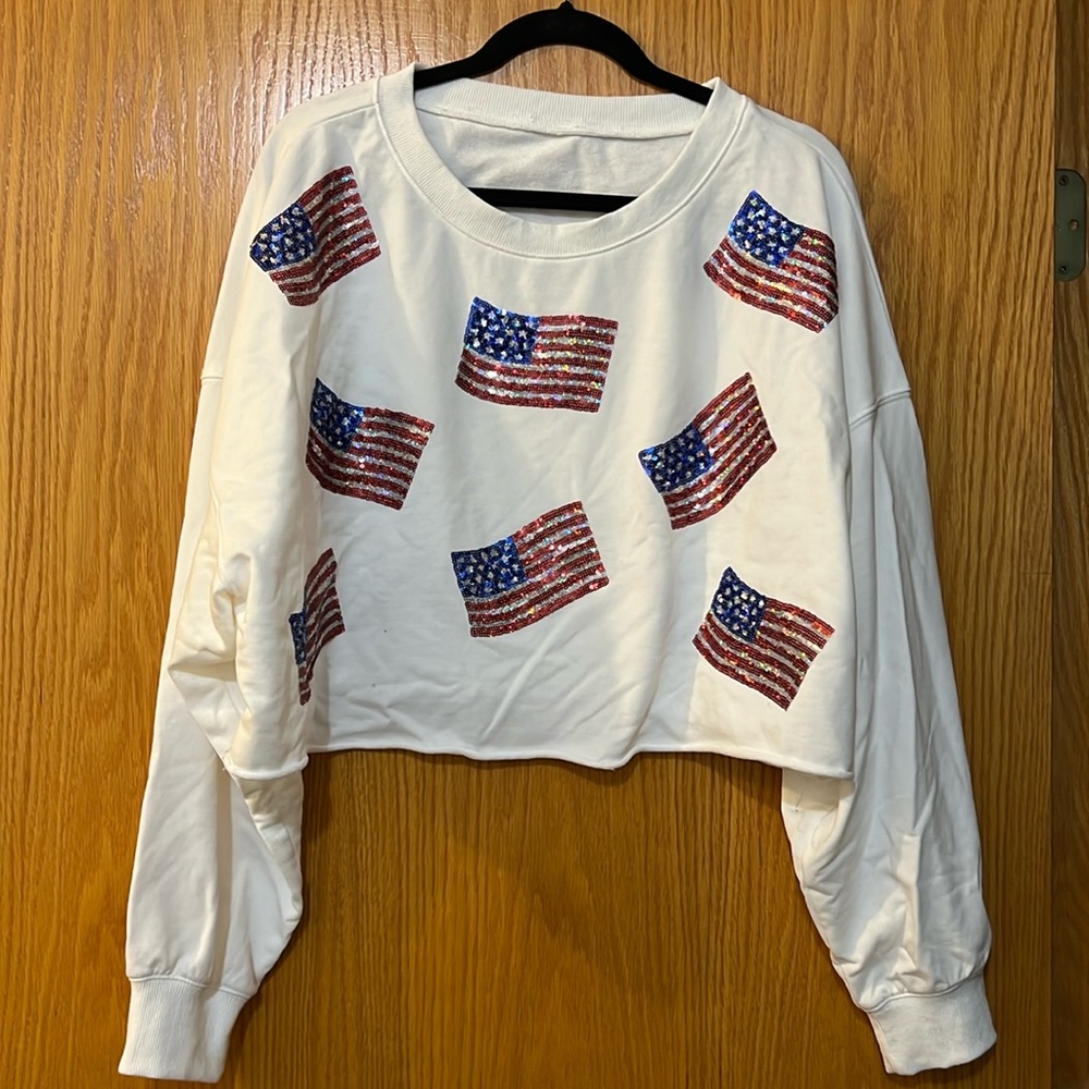 NWOT - Pink Lily glitter flag cropped crew